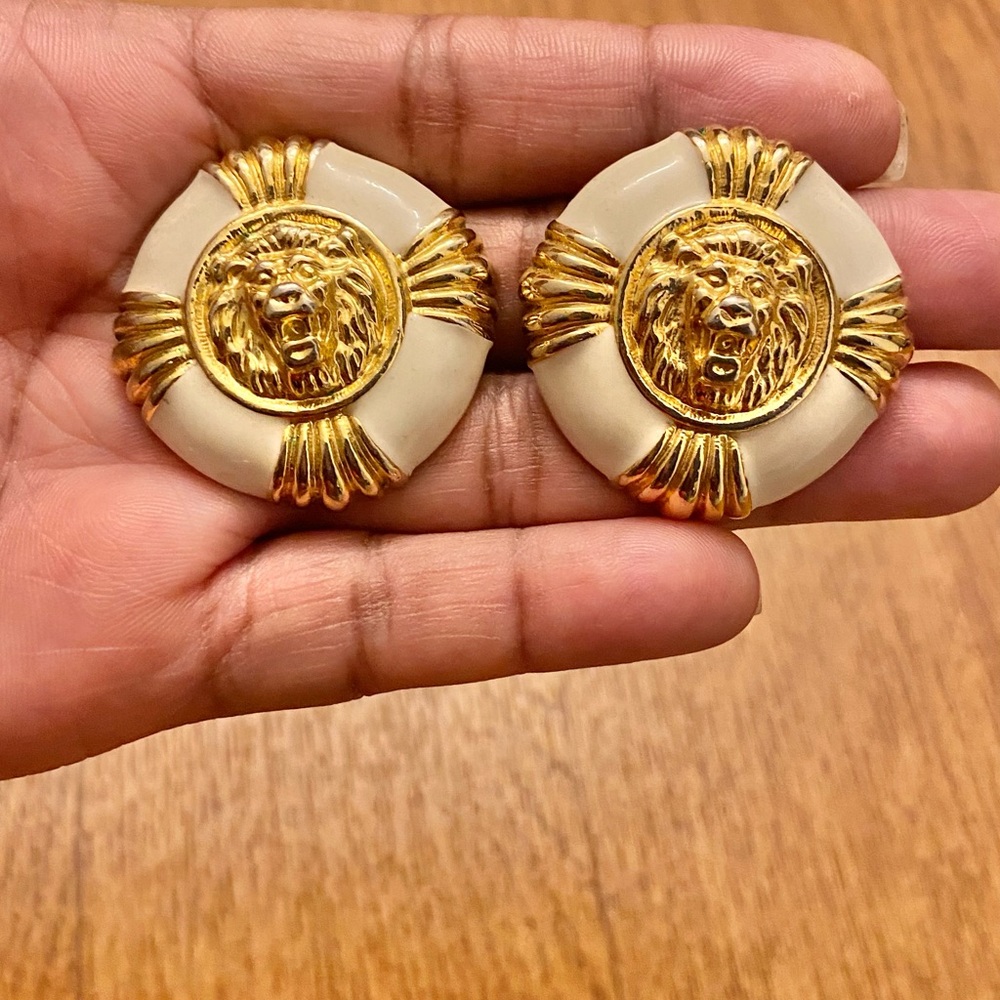Anne Klein Gold and Cream Enamel Lion Head Clip Earrings